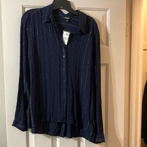 New with tags, Express navy blue w/gold stripes button down shirt blouse size m